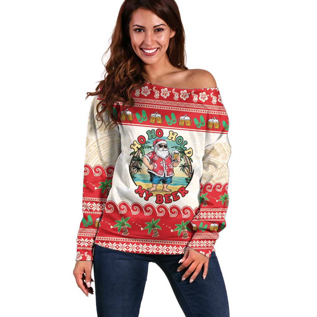 Mele Kalikimaka Hawaii Off Shoulder Sweater Funny Beer-Loving Santa Hawaiian Tropical - Polynesian Pride