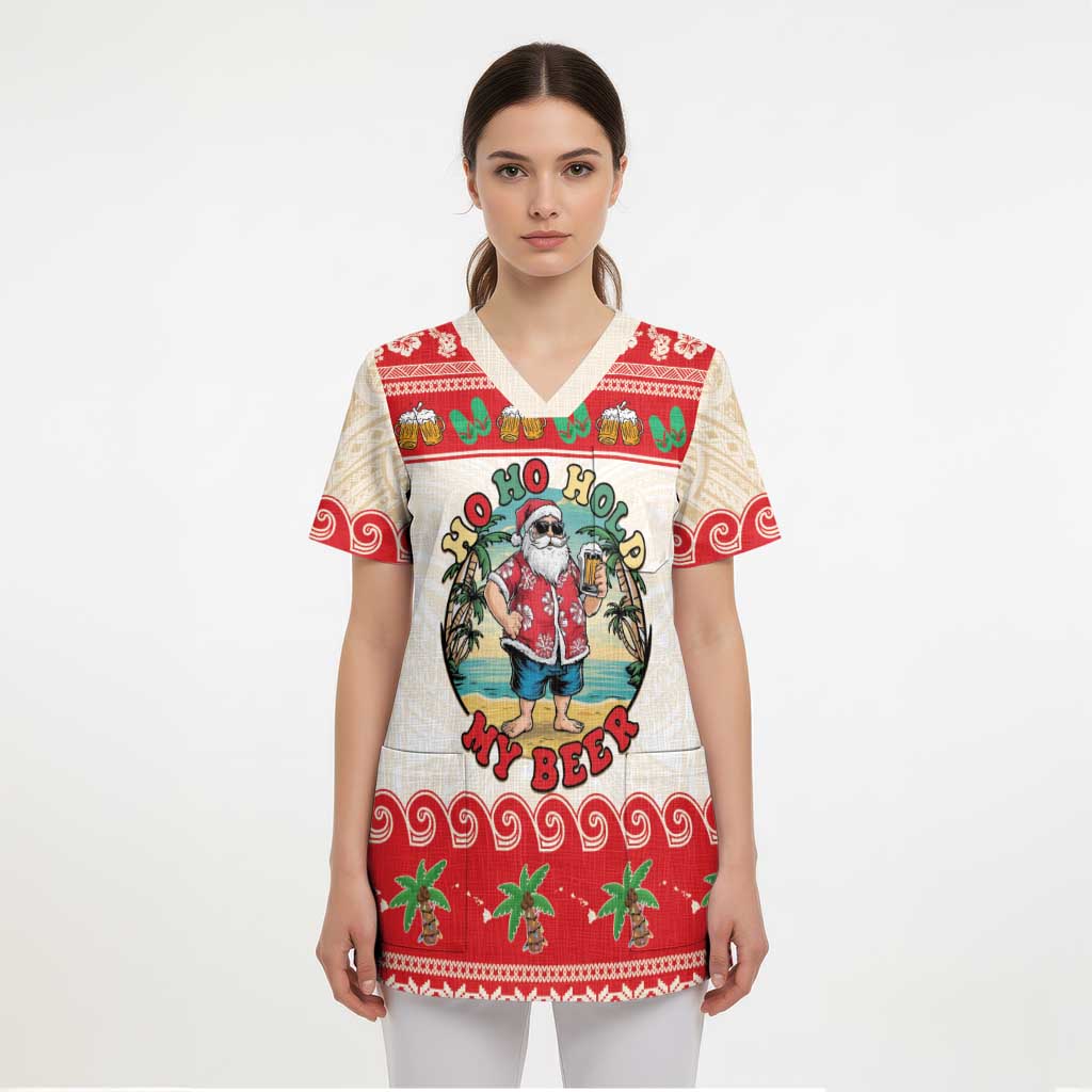 Mele Kalikimaka Hawaii Scrub Top Funny Beer-Loving Santa Hawaiian Tropical - Polynesian Pride