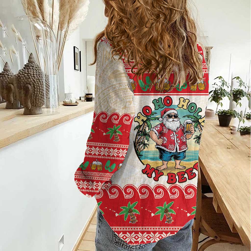 Mele Kalikimaka Hawaii Women Casual Shirt Funny Beer-Loving Santa Hawaiian Tropical - Polynesian Pride