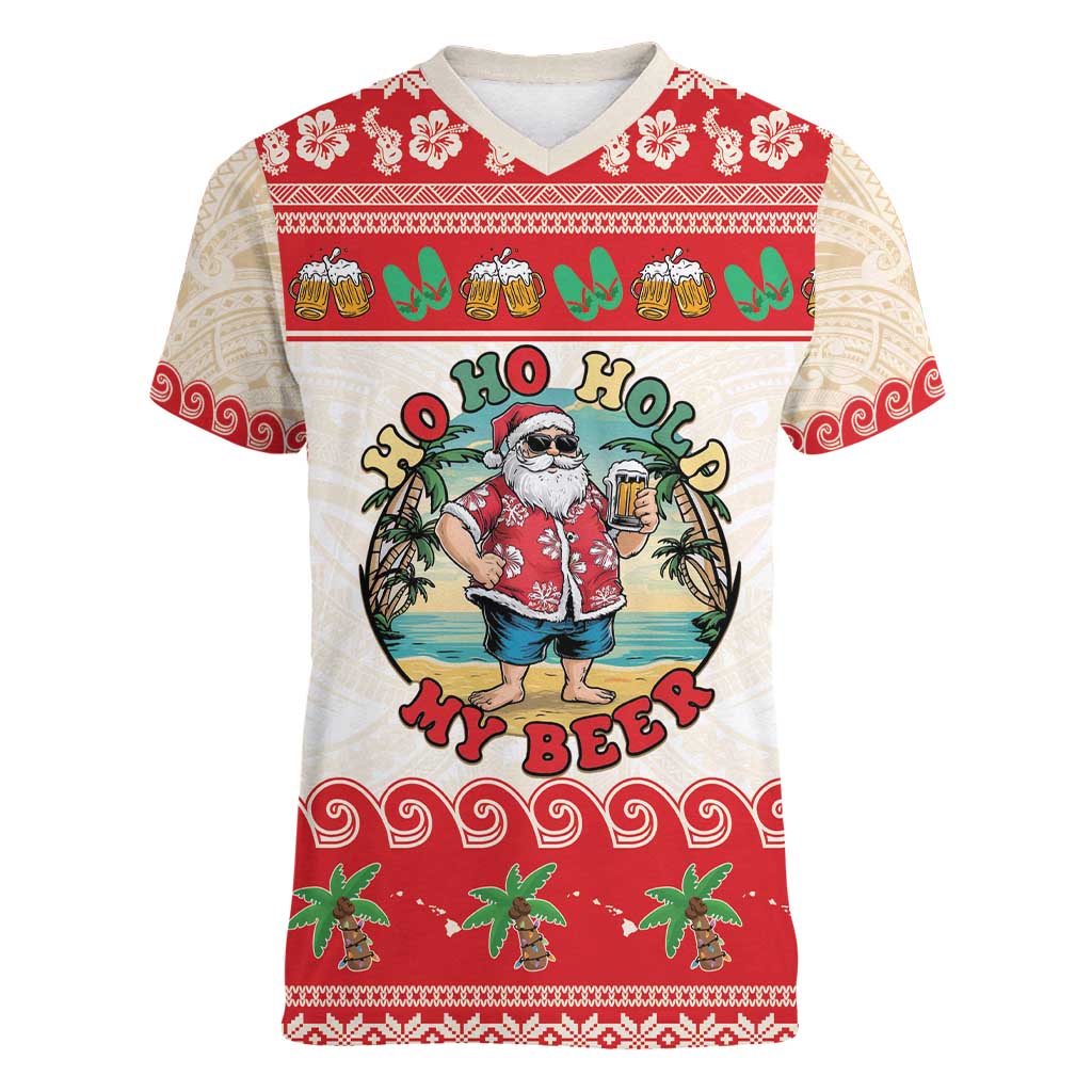 Mele Kalikimaka Hawaii Women V-Neck T-Shirt Funny Beer-Loving Santa Hawaiian Tropical - Polynesian Pride