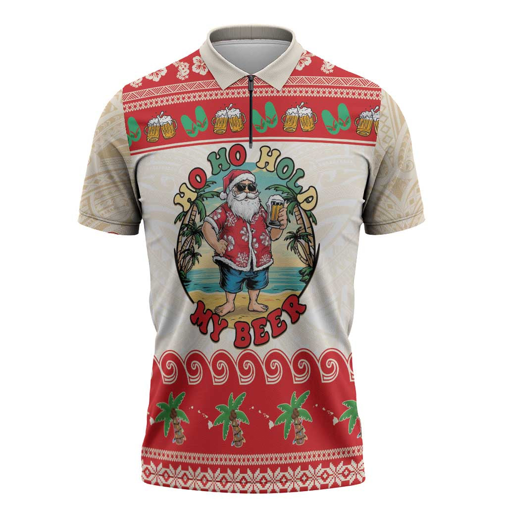 Mele Kalikimaka Hawaii Zipper Polo Shirt Funny Beer-Loving Santa Hawaiian Tropical - Polynesian Pride