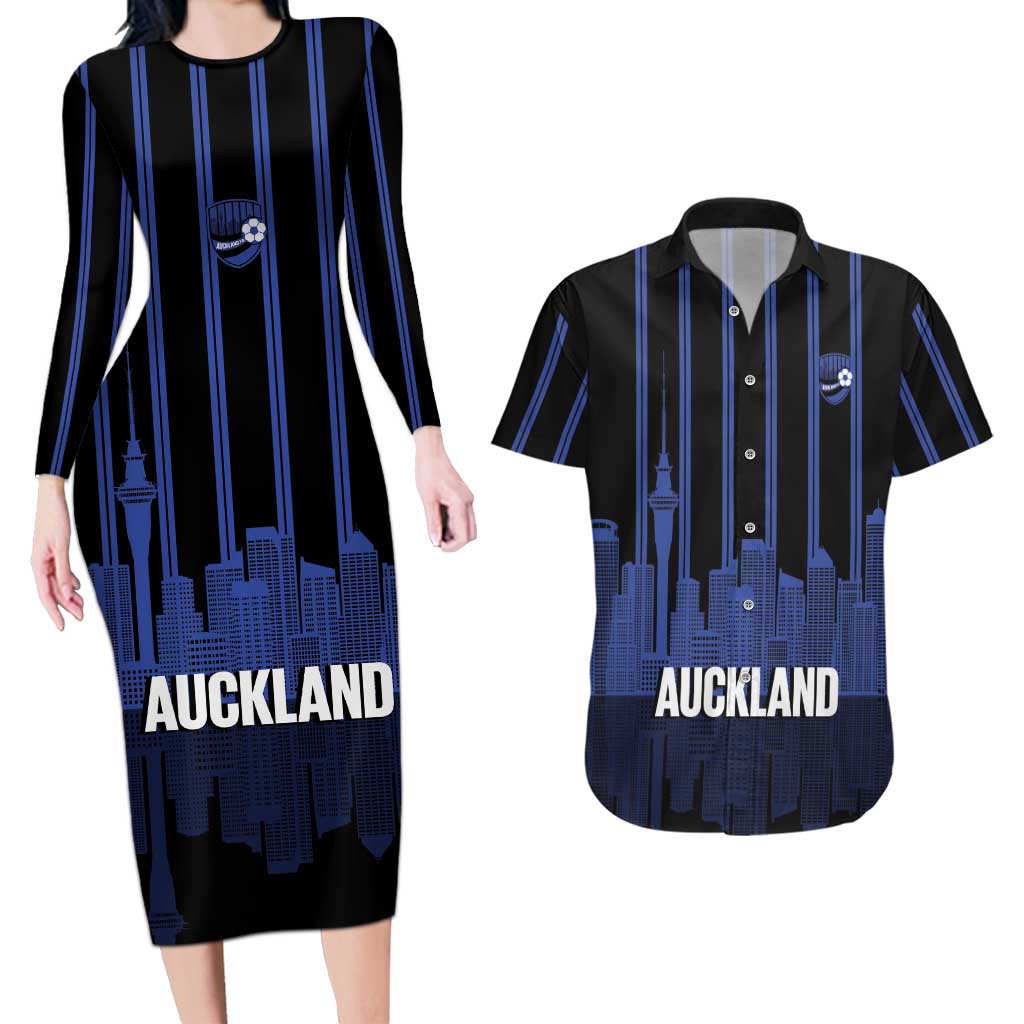 New Zealand Auckland Football Custom Couples Matching Long Sleeve Bodycon Dress and Hawaiian Shirt Go City of Sails Est 2025 LT14 Black - Polynesian Pride