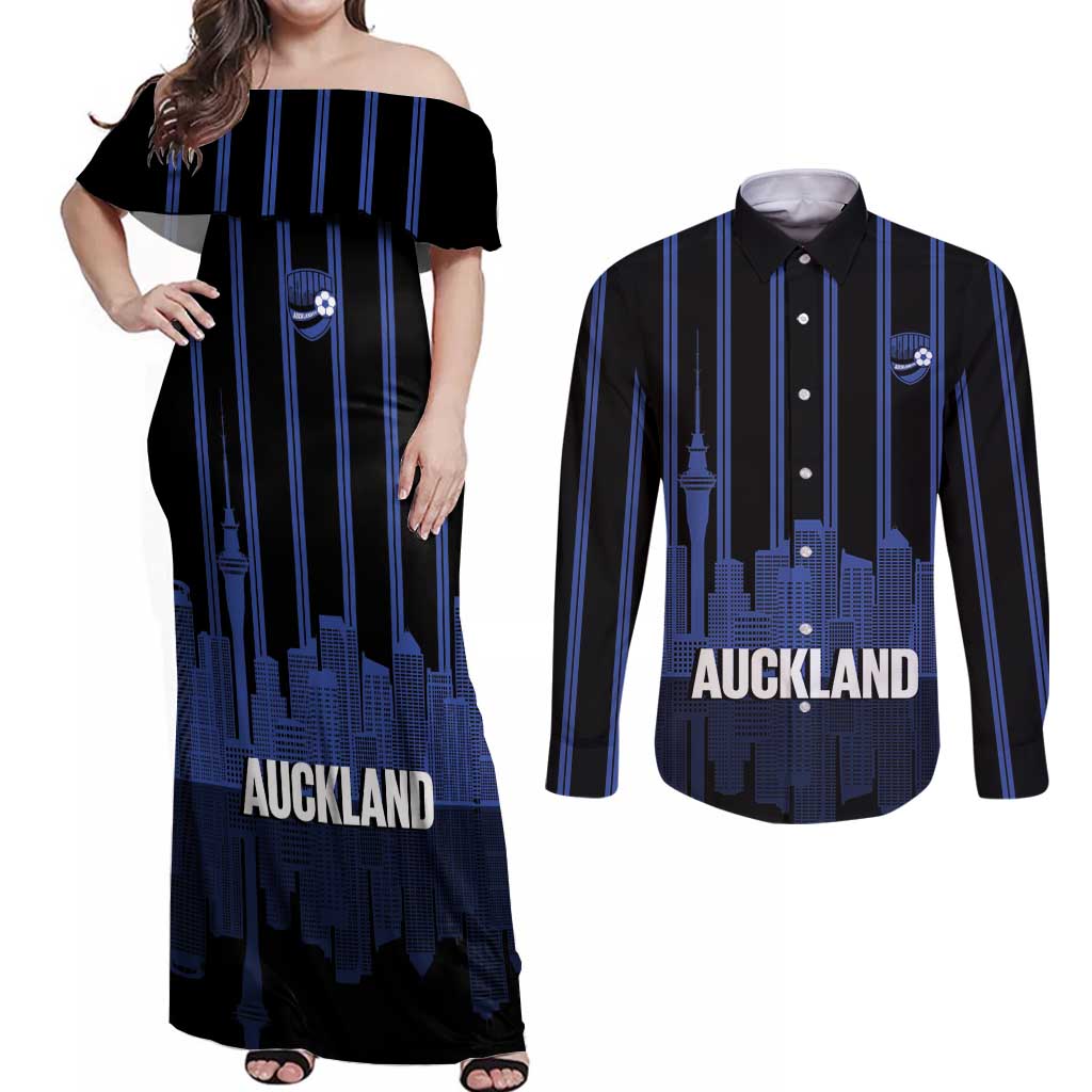 New Zealand Auckland Football Custom Couples Matching Off Shoulder Maxi Dress and Long Sleeve Button Shirt Go City of Sails Est 2025 LT14 Black - Polynesian Pride