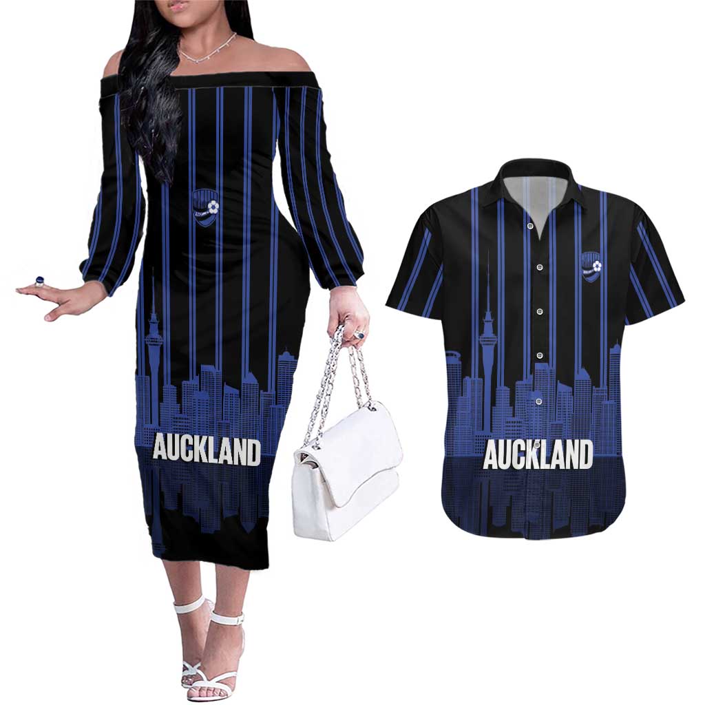 New Zealand Auckland Football Custom Couples Matching Off The Shoulder Long Sleeve Dress and Hawaiian Shirt Go City of Sails Est 2025