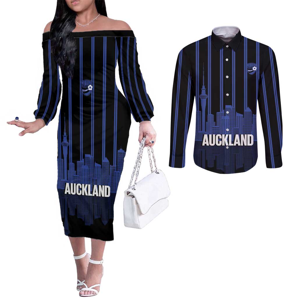 New Zealand Auckland Football Custom Couples Matching Off The Shoulder Long Sleeve Dress and Long Sleeve Button Shirt Go City of Sails Est 2025 LT14 Black - Polynesian Pride