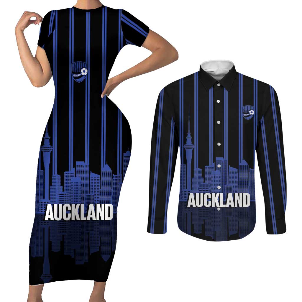 New Zealand Auckland Football Custom Couples Matching Short Sleeve Bodycon Dress and Long Sleeve Button Shirt Go City of Sails Est 2025 LT14 Black - Polynesian Pride