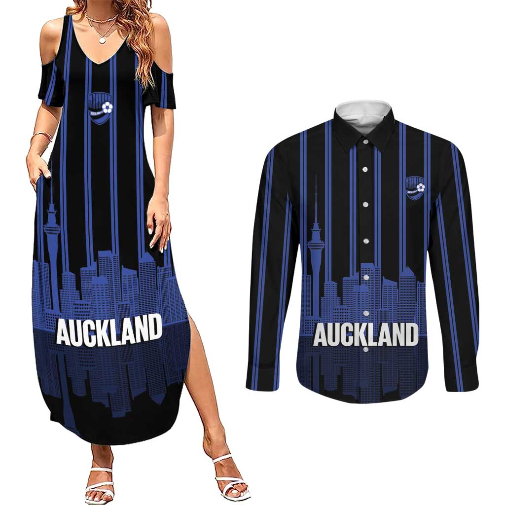 New Zealand Auckland Football Custom Couples Matching Summer Maxi Dress and Long Sleeve Button Shirt Go City of Sails Est 2025 LT14 Black - Polynesian Pride