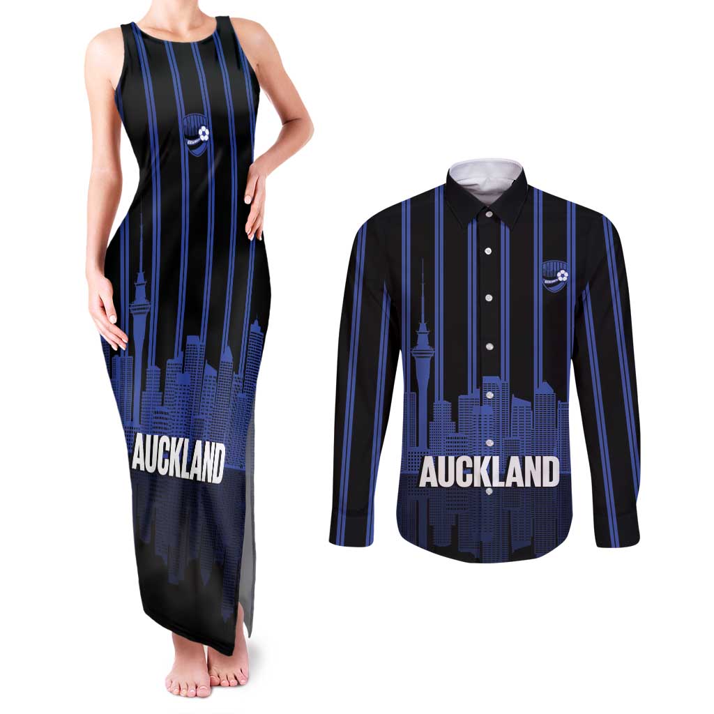 New Zealand Auckland Football Custom Couples Matching Tank Maxi Dress and Long Sleeve Button Shirt Go City of Sails Est 2025 LT14 Black - Polynesian Pride