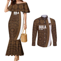 Bula Fiji Football Custom Couples Matching Mermaid Dress and Long Sleeve Button Shirt One Vanua One Team Tapa Pattern LT14 Brown - Polynesian Pride