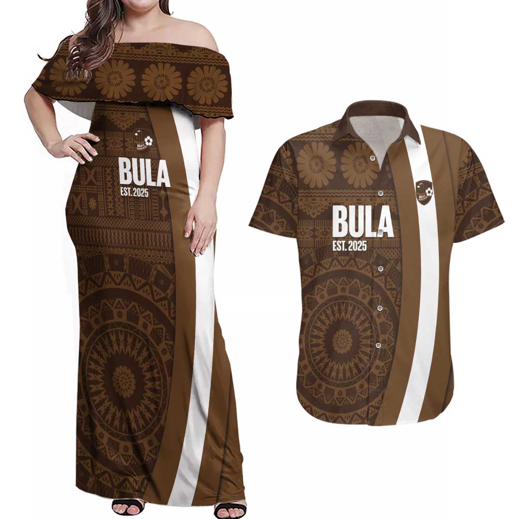 Bula Fiji Football Custom Couples Matching Off Shoulder Maxi Dress and Hawaiian Shirt One Vanua One Team Tapa Pattern LT14 Brown - Polynesian Pride