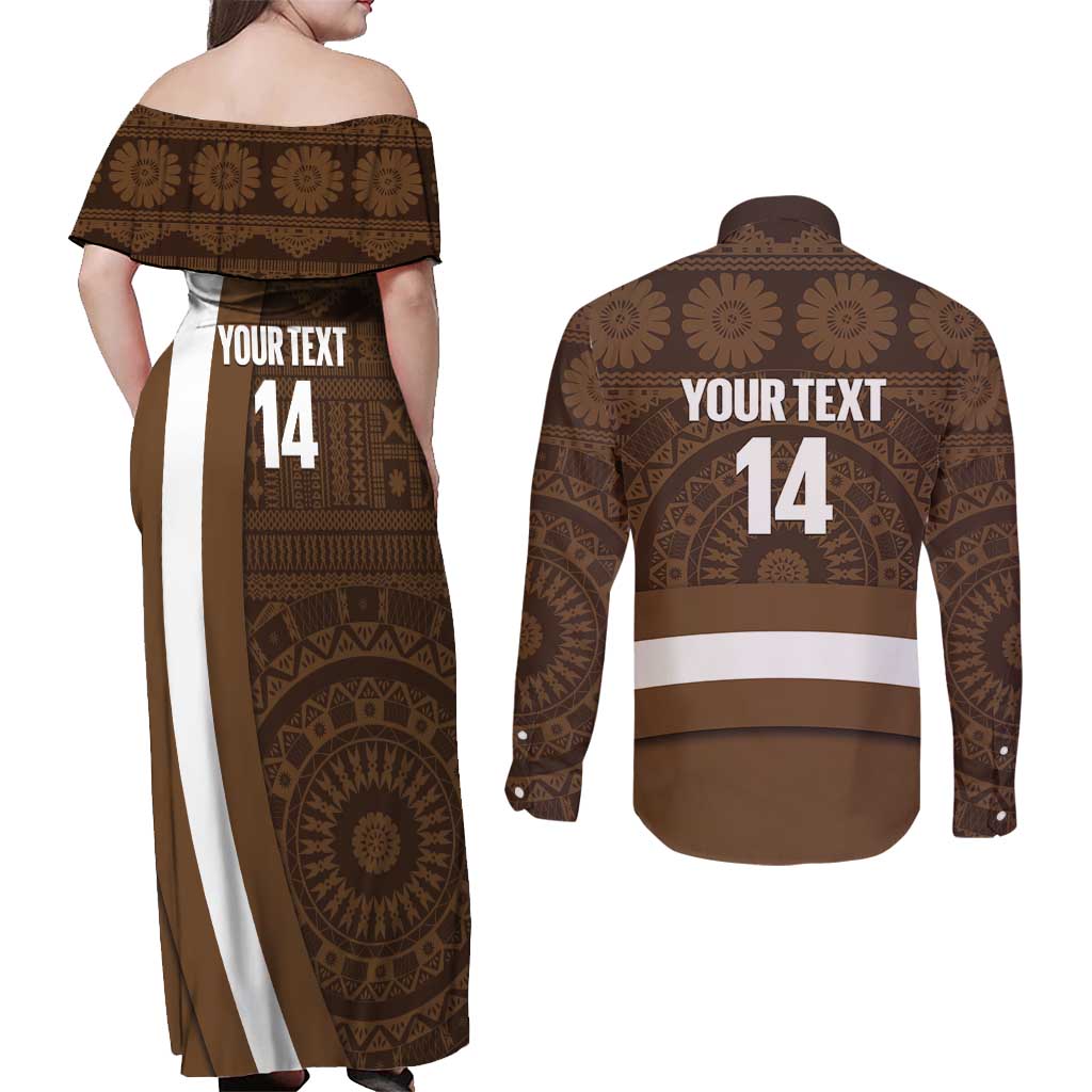 Bula Fiji Football Custom Couples Matching Off Shoulder Maxi Dress and Long Sleeve Button Shirt One Vanua One Team Tapa Pattern LT14 - Polynesian Pride