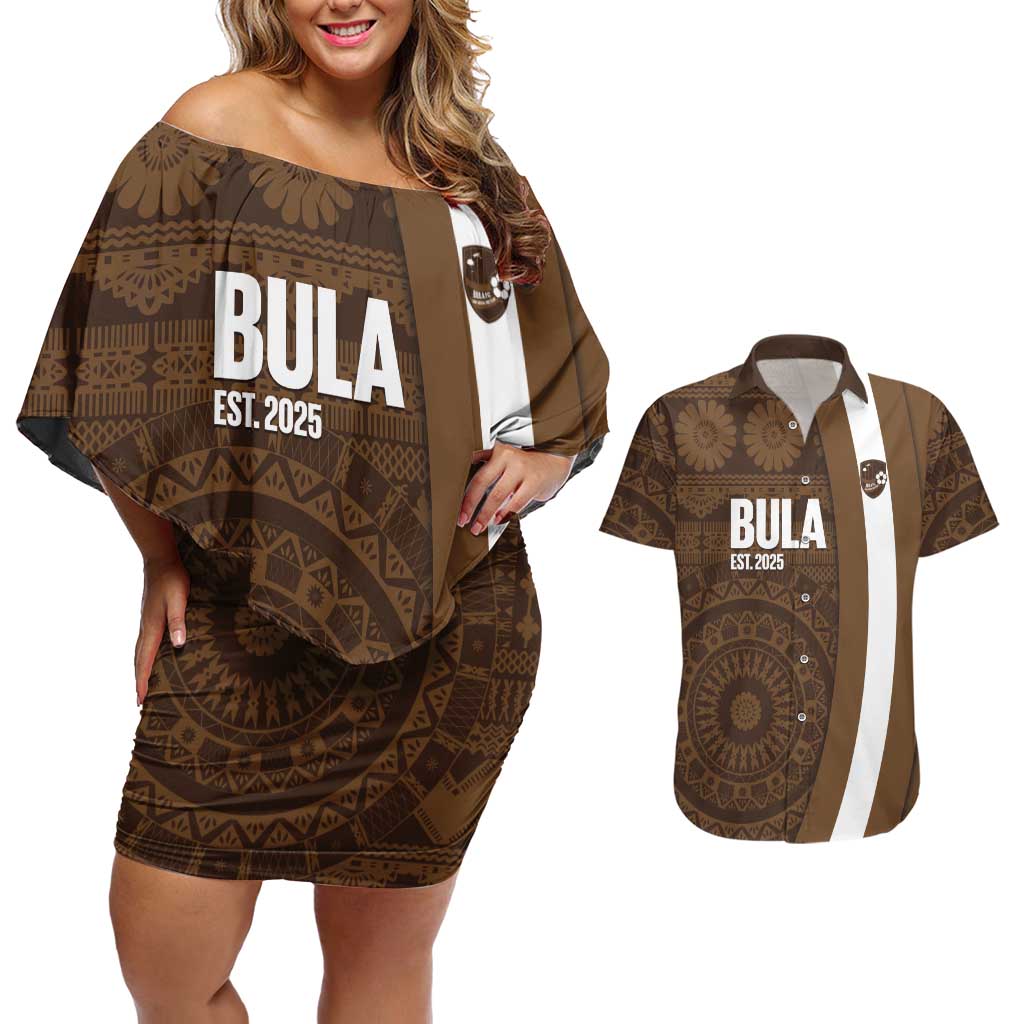 Bula Fiji Football Custom Couples Matching Off Shoulder Short Dress and Hawaiian Shirt One Vanua One Team Tapa Pattern LT14 Brown - Polynesian Pride