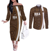 Bula Fiji Football Custom Couples Matching Off The Shoulder Long Sleeve Dress and Long Sleeve Button Shirt One Vanua One Team Tapa Pattern LT14 Brown - Polynesian Pride