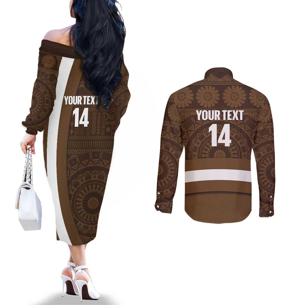 Bula Fiji Football Custom Couples Matching Off The Shoulder Long Sleeve Dress and Long Sleeve Button Shirt One Vanua One Team Tapa Pattern LT14 - Polynesian Pride