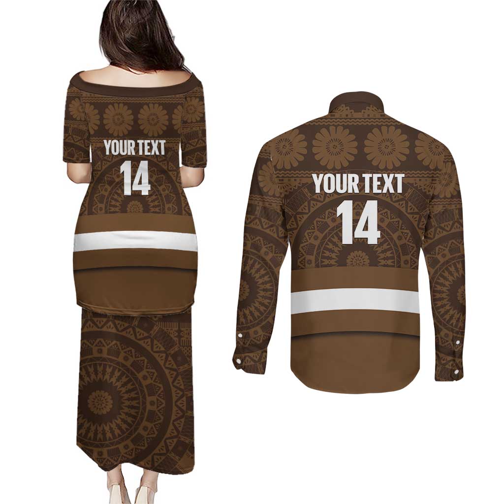 Bula Fiji Football Custom Couples Matching Puletasi and Long Sleeve Button Shirt One Vanua One Team Tapa Pattern
