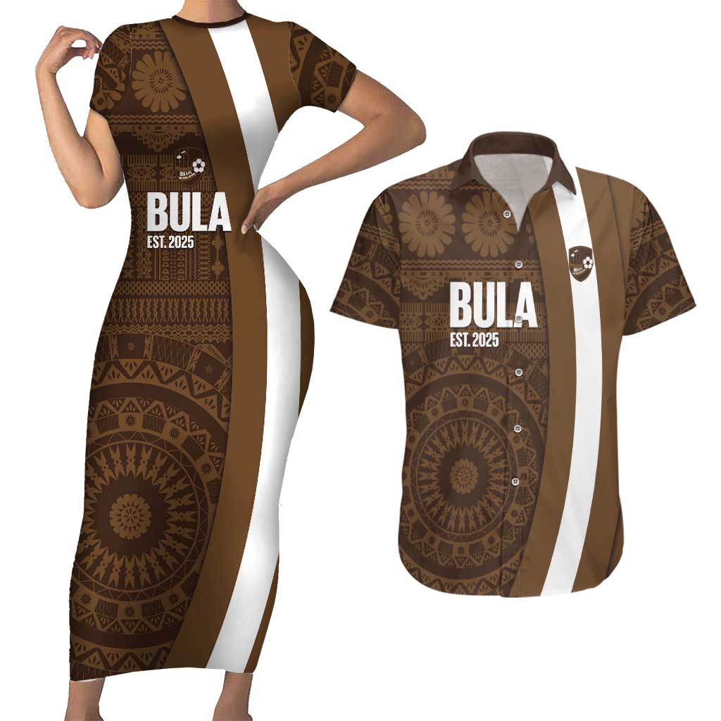 Bula Fiji Football Custom Couples Matching Short Sleeve Bodycon Dress and Hawaiian Shirt One Vanua One Team Tapa Pattern LT14 Brown - Polynesian Pride