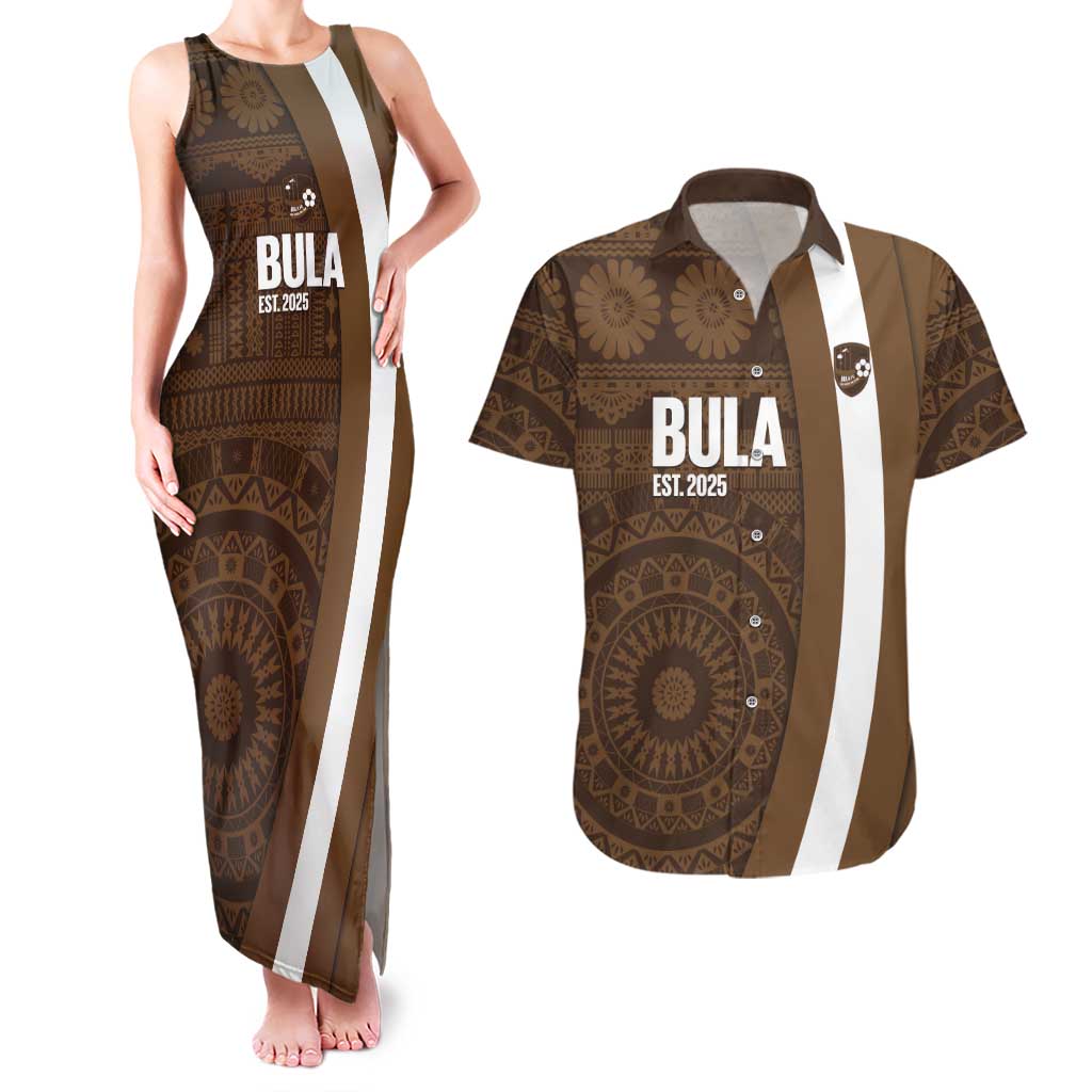 Bula Fiji Football Custom Couples Matching Tank Maxi Dress and Hawaiian Shirt One Vanua One Team Tapa Pattern LT14 Brown - Polynesian Pride