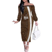 Bula Fiji Football Custom Family Matching Off The Shoulder Long Sleeve Dress and Hawaiian Shirt One Vanua One Team Tapa Pattern LT14 Mom's Dress Brown - Polynesian Pride