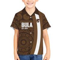 Bula Fiji Football Custom Family Matching Off The Shoulder Long Sleeve Dress and Hawaiian Shirt One Vanua One Team Tapa Pattern LT14 Son's Shirt Brown - Polynesian Pride