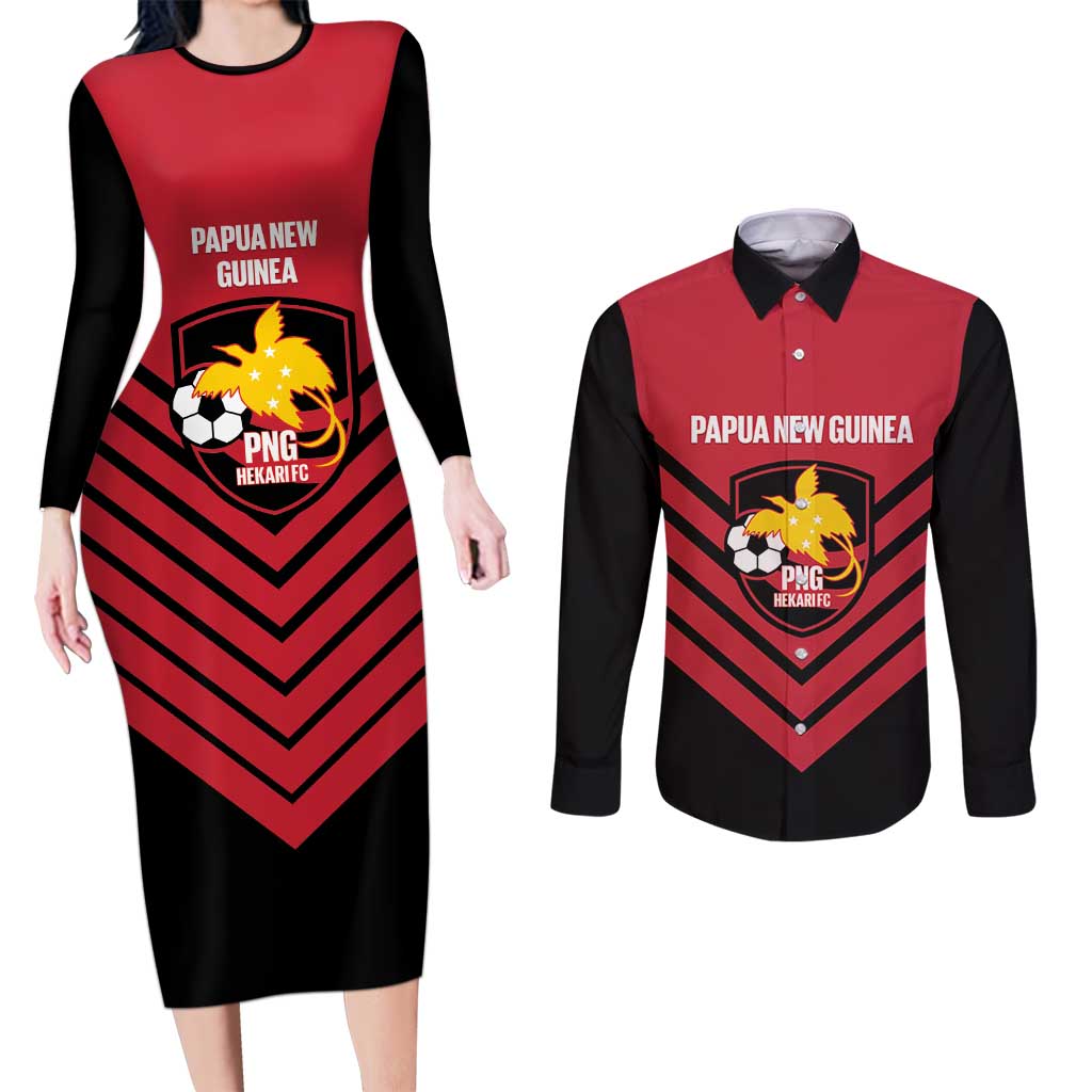 Hekari Papua New Guinea Football Custom Couples Matching Long Sleeve Bodycon Dress and Long Sleeve Button Shirt Go PNG Red Army