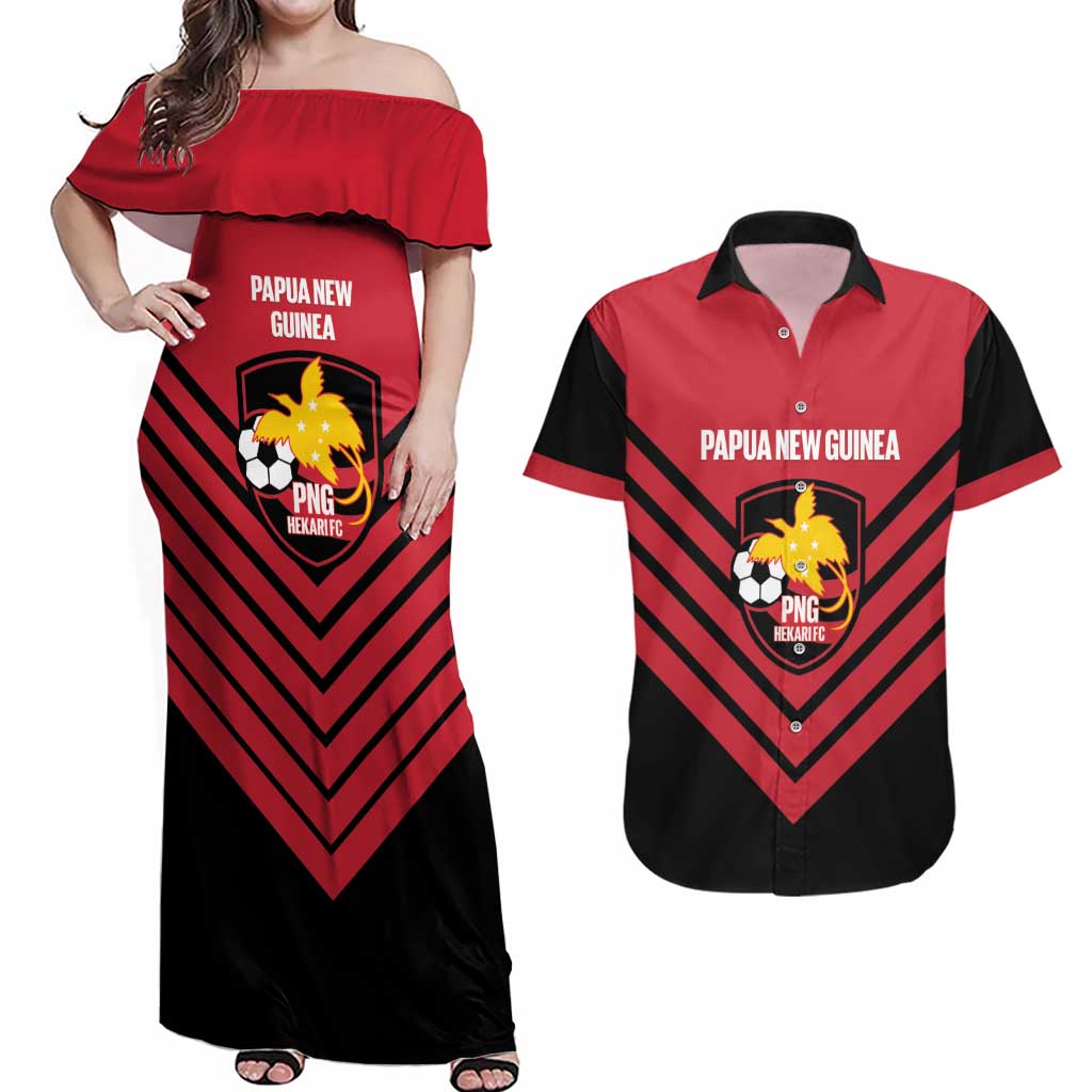 Hekari Papua New Guinea Football Custom Couples Matching Off Shoulder Maxi Dress and Hawaiian Shirt Go PNG Red Army LT14 Red - Polynesian Pride