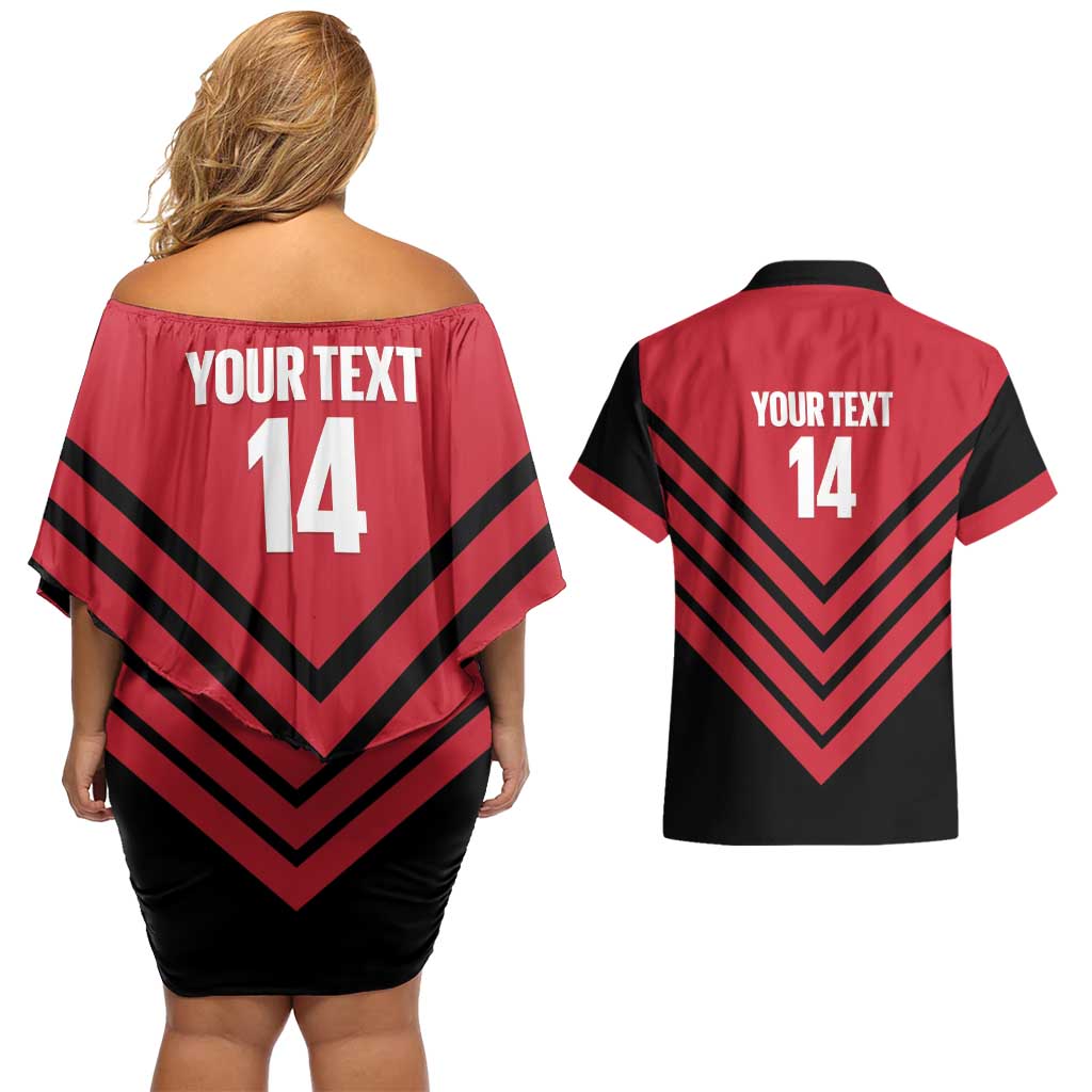 Hekari Papua New Guinea Football Custom Couples Matching Off Shoulder Short Dress and Hawaiian Shirt Go PNG Red Army LT14 - Polynesian Pride