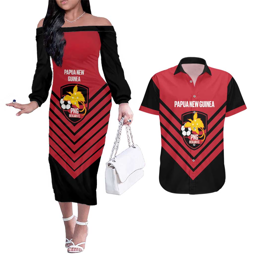 Hekari Papua New Guinea Football Custom Couples Matching Off The Shoulder Long Sleeve Dress and Hawaiian Shirt Go PNG Red Army