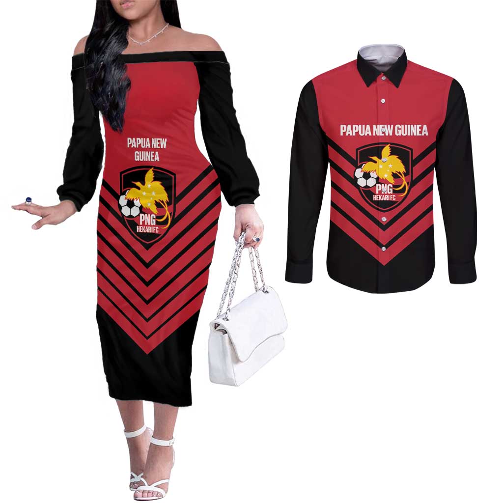 Hekari Papua New Guinea Football Custom Couples Matching Off The Shoulder Long Sleeve Dress and Long Sleeve Button Shirt Go PNG Red Army LT14 Red - Polynesian Pride