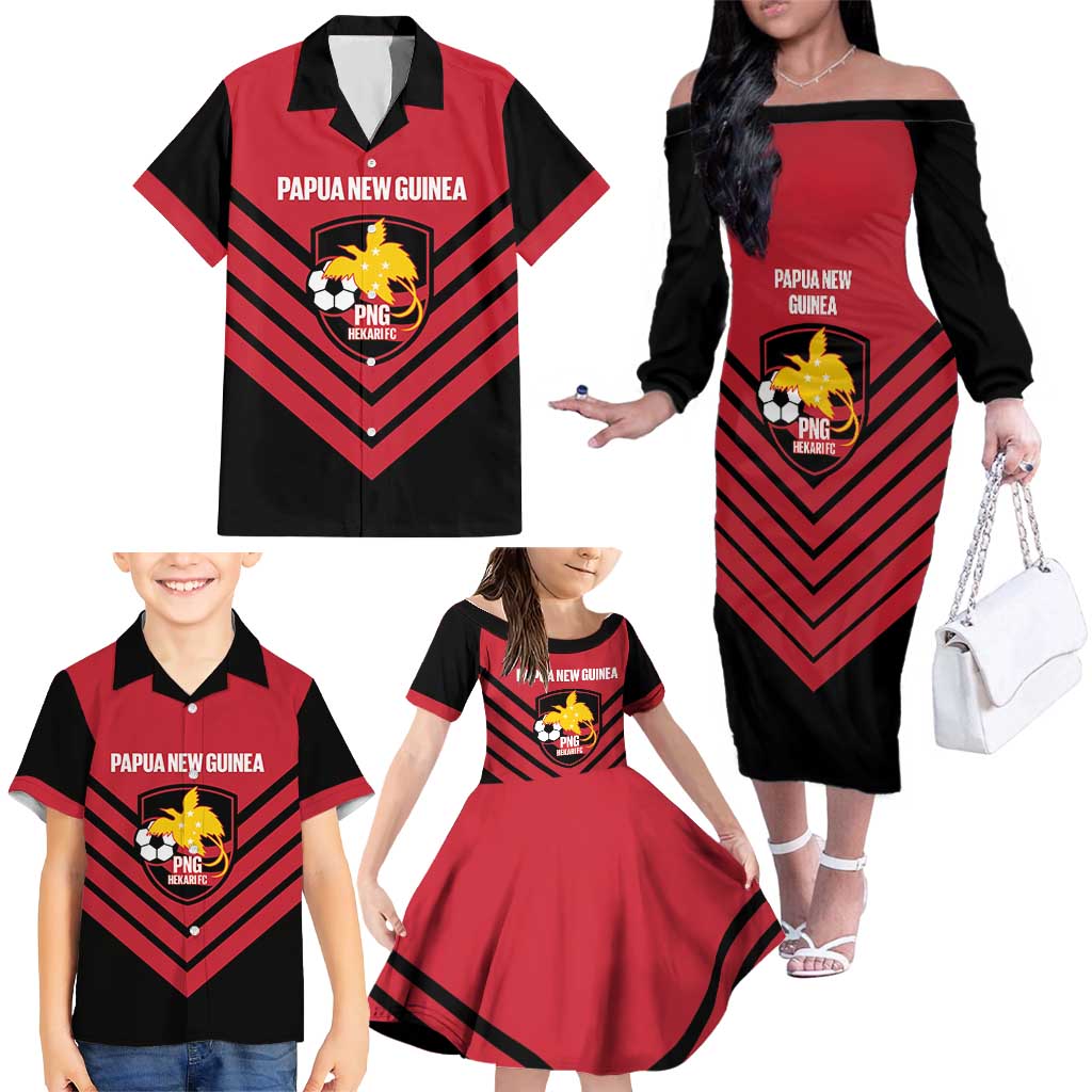 Hekari Papua New Guinea Football Custom Family Matching Off The Shoulder Long Sleeve Dress and Hawaiian Shirt Go PNG Red Army LT14 - Polynesian Pride