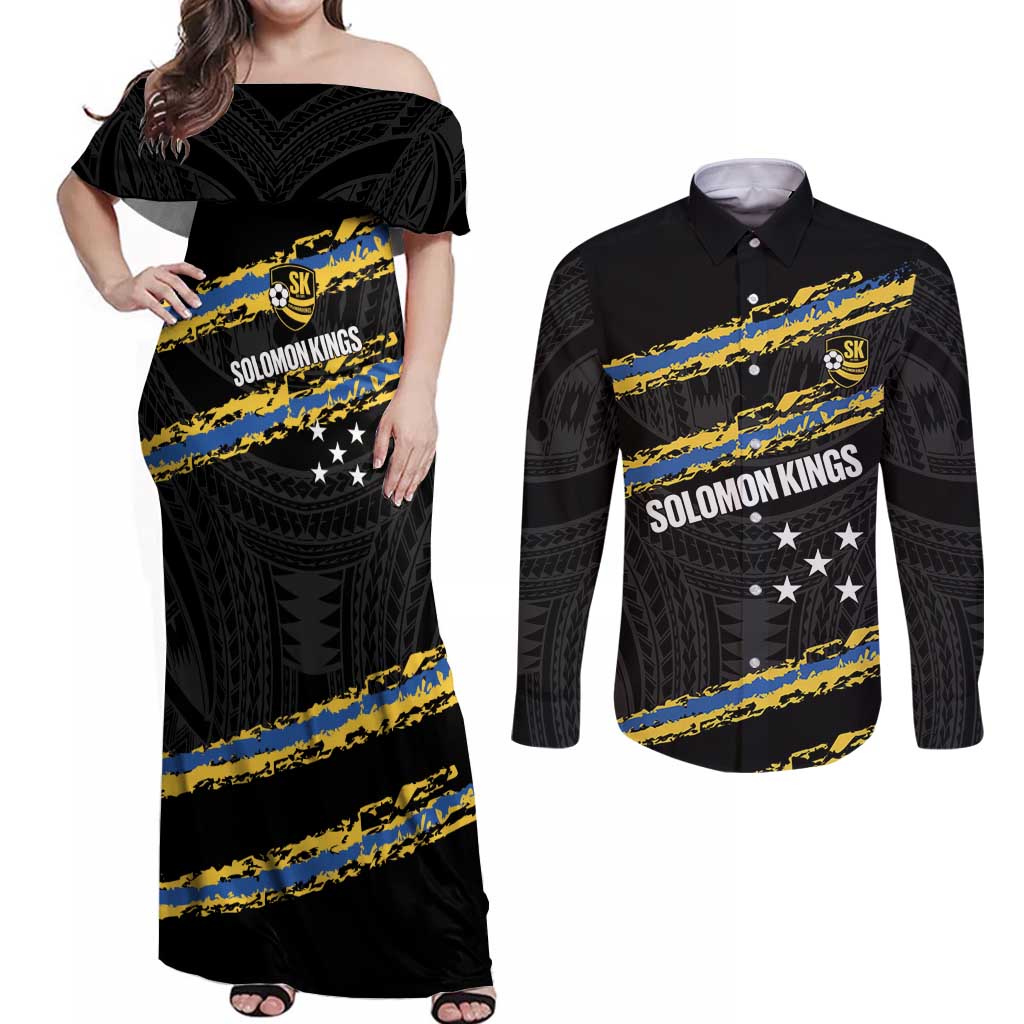 Kings Solomon Islands Football Custom Couples Matching Off Shoulder Maxi Dress and Long Sleeve Button Shirt Come On Solomons Polynesian Grunge Style LT14 Black - Polynesian Pride