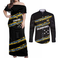 Kings Solomon Islands Football Custom Couples Matching Off Shoulder Maxi Dress and Long Sleeve Button Shirt Come On Solomons Polynesian Grunge Style LT14 Black - Polynesian Pride