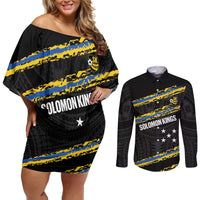 Kings Solomon Islands Football Custom Couples Matching Off Shoulder Short Dress and Long Sleeve Button Shirt Come On Solomons Polynesian Grunge Style LT14 Black - Polynesian Pride