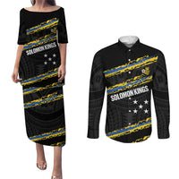 Kings Solomon Islands Football Custom Couples Matching Puletasi and Long Sleeve Button Shirt Come On Solomons Polynesian Grunge Style LT14 Black - Polynesian Pride