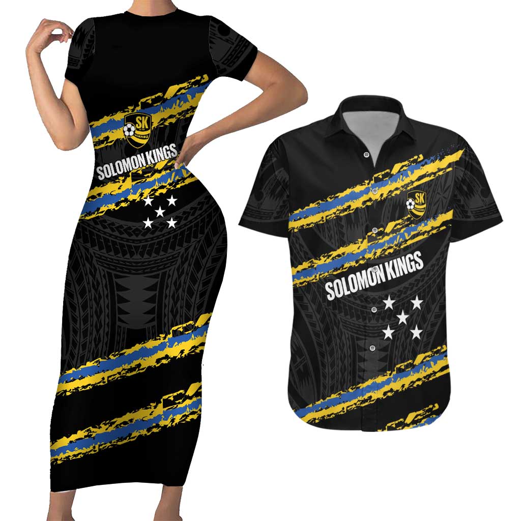 Kings Solomon Islands Football Custom Couples Matching Short Sleeve Bodycon Dress and Hawaiian Shirt Come On Solomons Polynesian Grunge Style