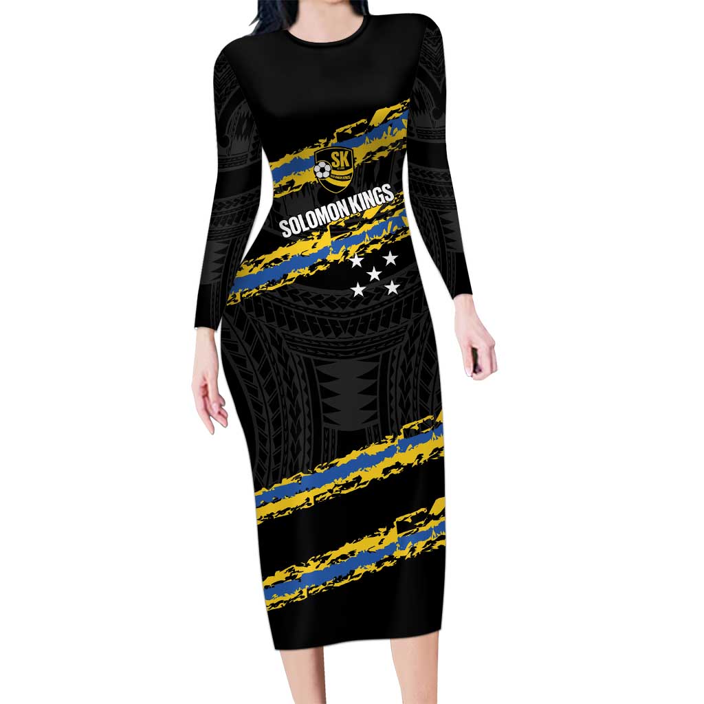 Kings Solomon Islands Football Custom Family Matching Long Sleeve Bodycon Dress and Hawaiian Shirt Come On Solomons Polynesian Grunge Style LT14 Mom's Dress Black - Polynesian Pride
