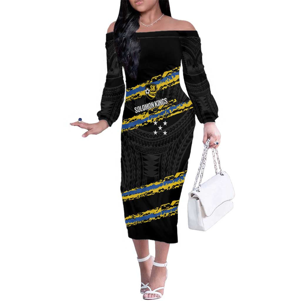 Kings Solomon Islands Football Custom Family Matching Off The Shoulder Long Sleeve Dress and Hawaiian Shirt Come On Solomons Polynesian Grunge Style LT14 Mom's Dress Black - Polynesian Pride
