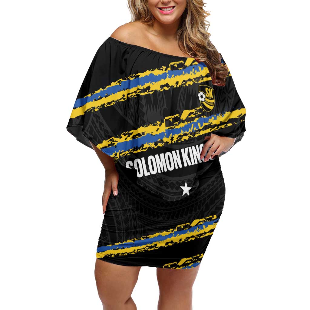 Kings Solomon Islands Football Custom Family Matching Off Shoulder Short Dress and Hawaiian Shirt Come On Solomons Polynesian Grunge Style LT14 Mom's Dress Black - Polynesian Pride
