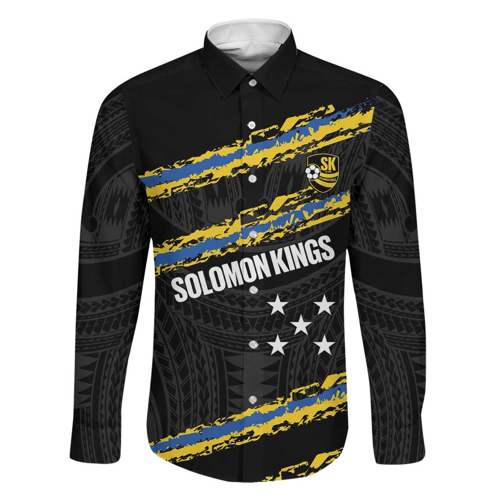 Kings Solomon Islands Football Custom Family Matching Summer Maxi Dress and Hawaiian Shirt Come On Solomons Polynesian Grunge Style LT14 Dad's Shirt - Long Sleeve Black - Polynesian Pride