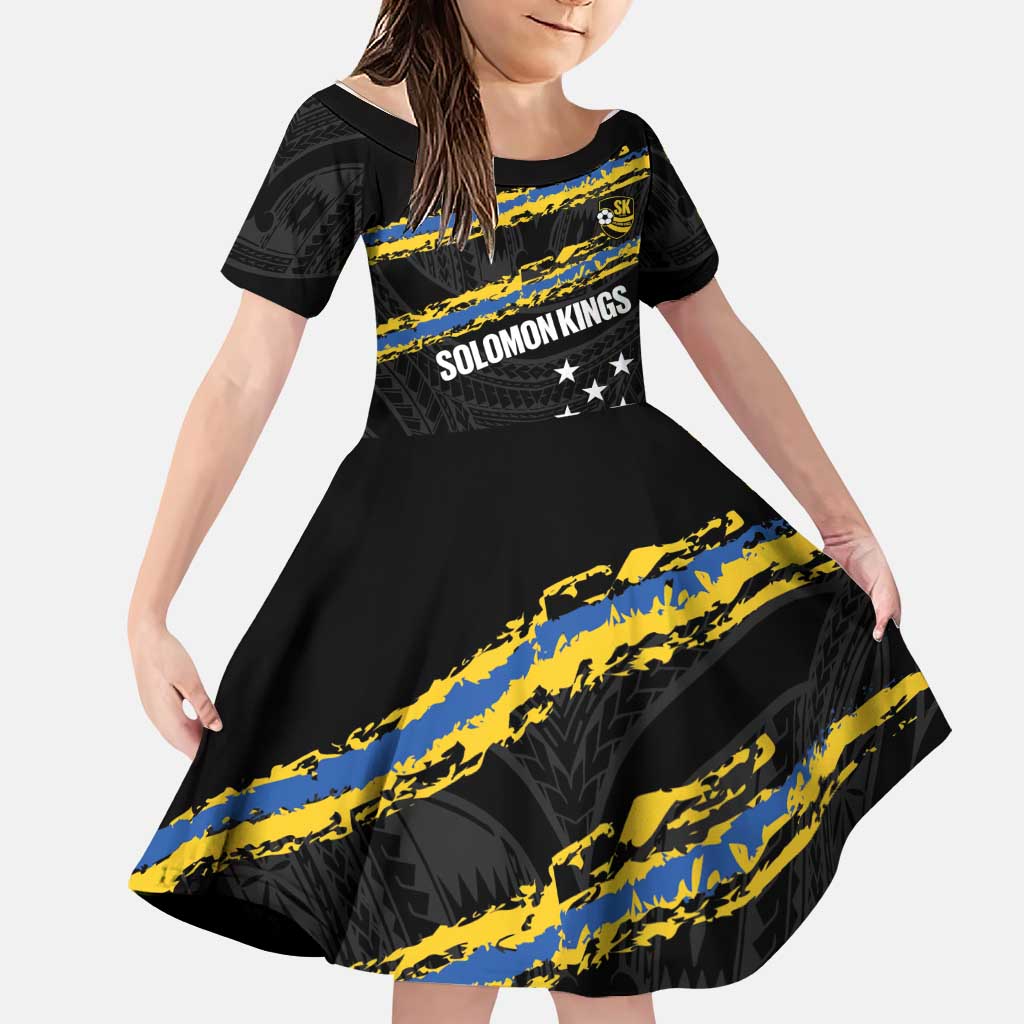 Kings Solomon Islands Football Custom Family Matching Tank Maxi Dress and Hawaiian Shirt Come On Solomons Polynesian Grunge Style LT14 Daughter's Dress Black - Polynesian Pride