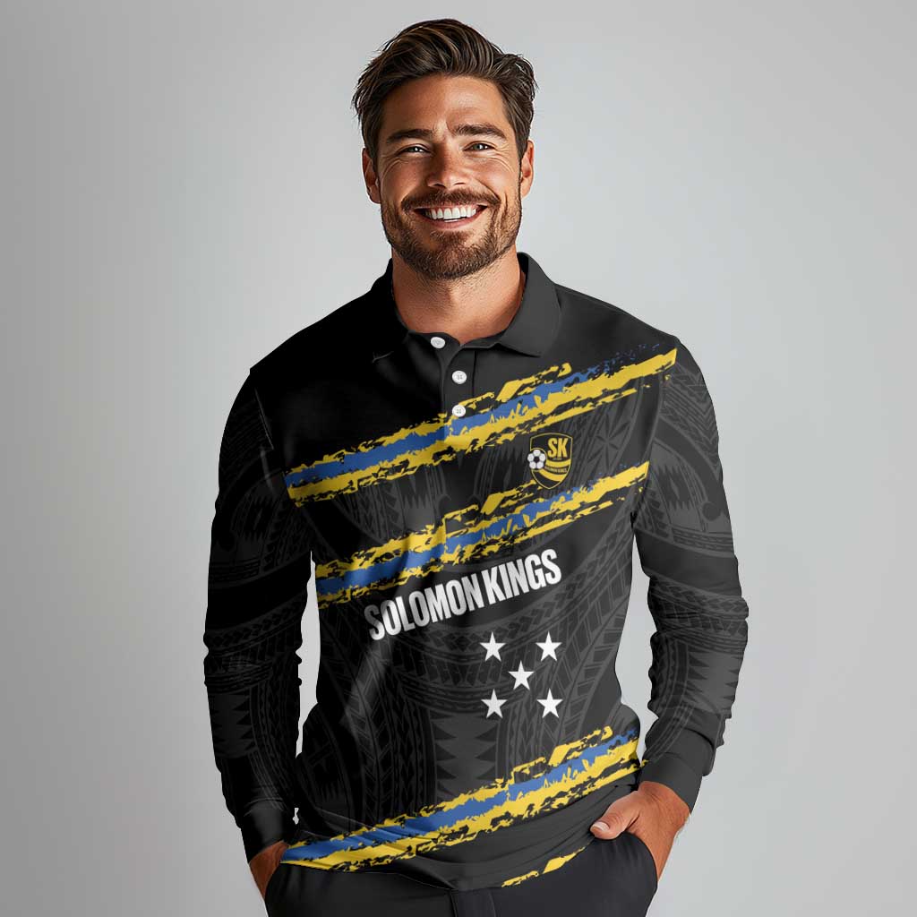 Kings Solomon Islands Football Custom Long Sleeve Polo Shirt Come On Solomons Polynesian Grunge Style LT14 - Polynesian Pride
