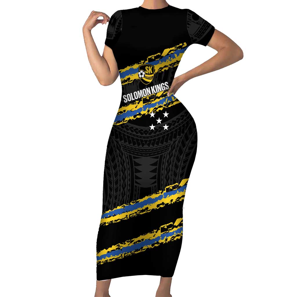 Kings Solomon Islands Football Custom Short Sleeve Bodycon Dress Come On Solomons Polynesian Grunge Style LT14 Long Dress Black - Polynesian Pride