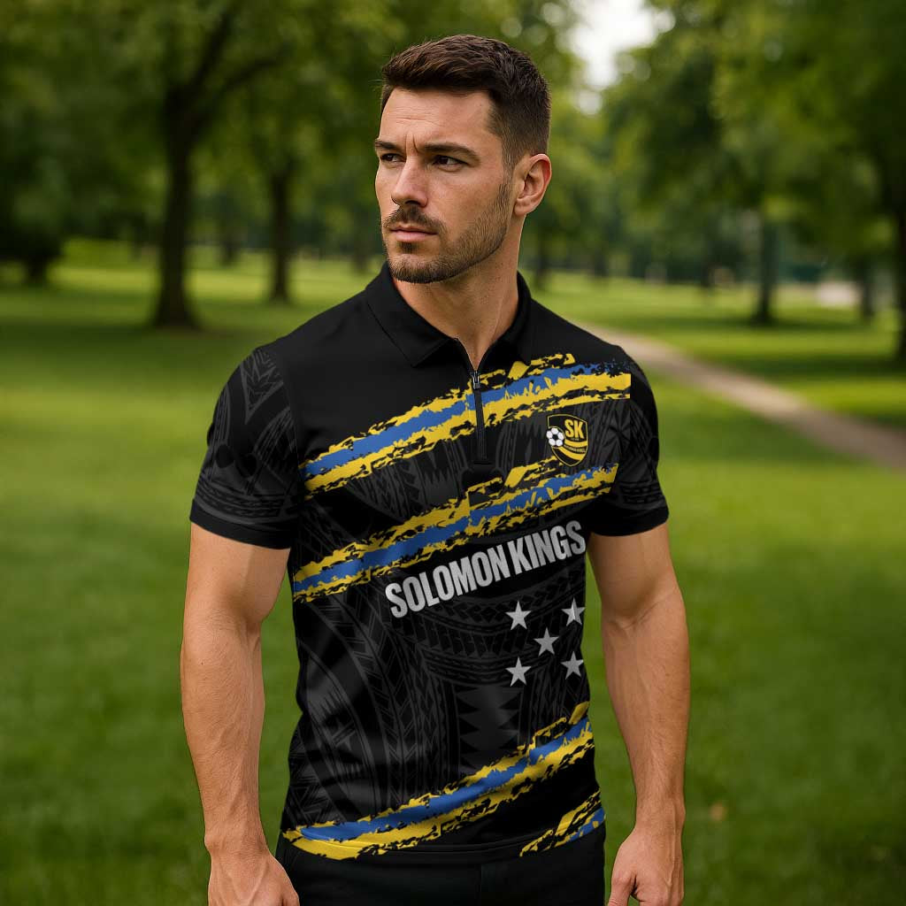 Kings Solomon Islands Football Custom Zipper Polo Shirt Come On Solomons Polynesian Grunge Style LT14 - Polynesian Pride