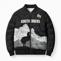 New Zealand South Island Football Custom Bomber Puffer Jacket Aoraki Mount Cook With Kiwi Maori Pattern LT14 Unisex Black - Polynesian Pride