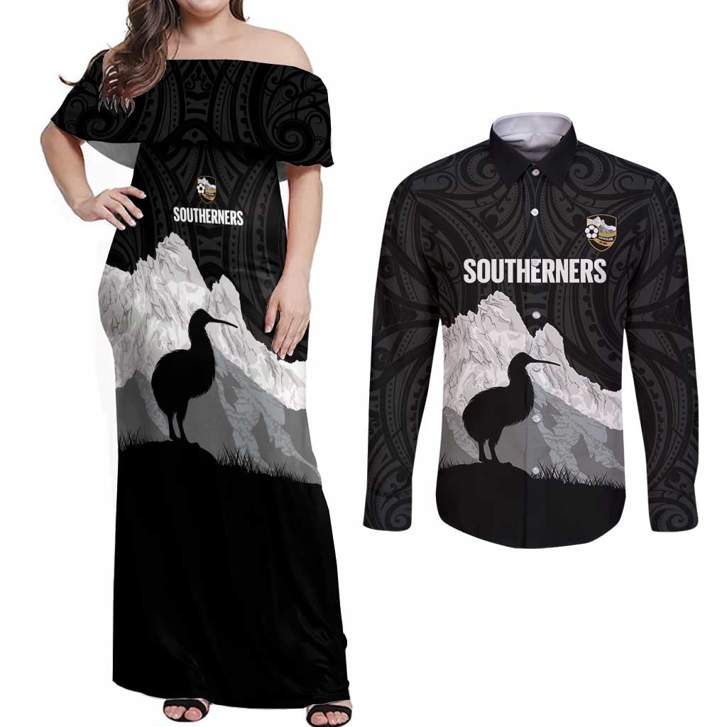 New Zealand South Island Football Custom Couples Matching Off Shoulder Maxi Dress and Long Sleeve Button Shirt Aoraki Mount Cook With Kiwi Maori Pattern LT14 Black - Polynesian Pride