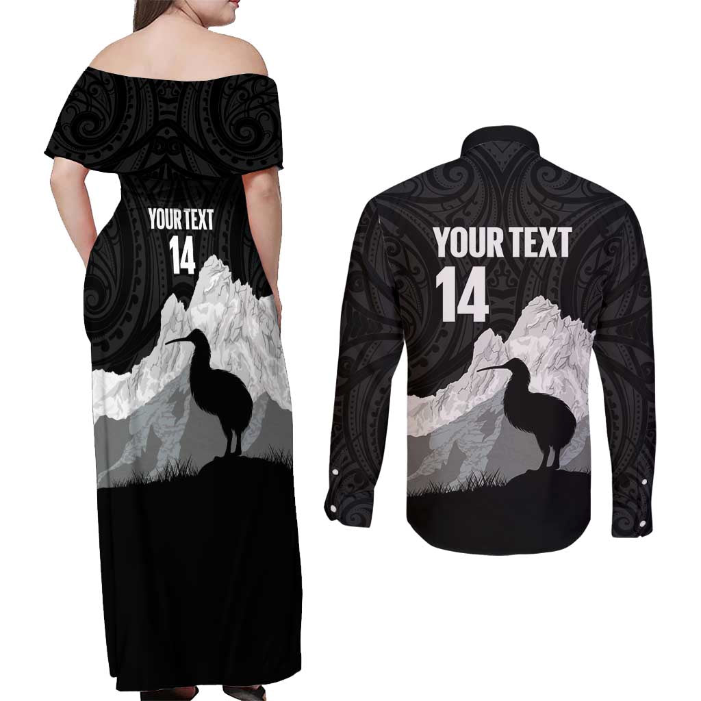 New Zealand South Island Football Custom Couples Matching Off Shoulder Maxi Dress and Long Sleeve Button Shirt Aoraki Mount Cook With Kiwi Maori Pattern LT14 - Polynesian Pride