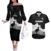 New Zealand South Island Football Custom Couples Matching Off The Shoulder Long Sleeve Dress and Hawaiian Shirt Aoraki Mount Cook With Kiwi Maori Pattern LT14 Black - Polynesian Pride
