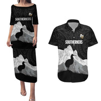 New Zealand South Island Football Custom Couples Matching Puletasi and Hawaiian Shirt Aoraki Mount Cook With Kiwi Maori Pattern LT14 Black - Polynesian Pride