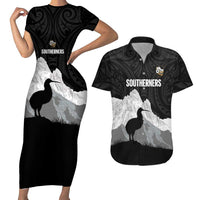 New Zealand South Island Football Custom Couples Matching Short Sleeve Bodycon Dress and Hawaiian Shirt Aoraki Mount Cook With Kiwi Maori Pattern LT14 Black - Polynesian Pride