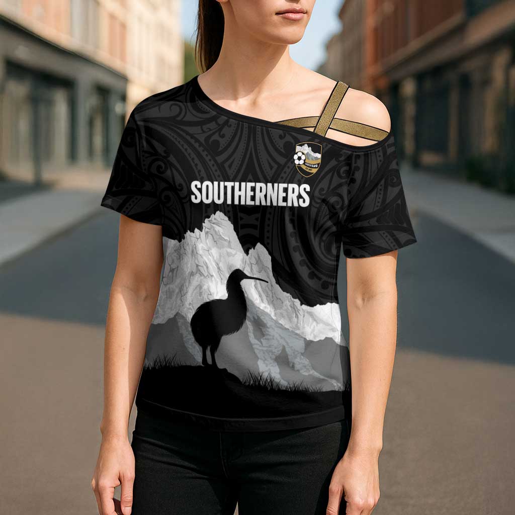 New Zealand South Island Football Custom Cross Shoulder Shirt Aoraki Mount Cook With Kiwi Maori Pattern
