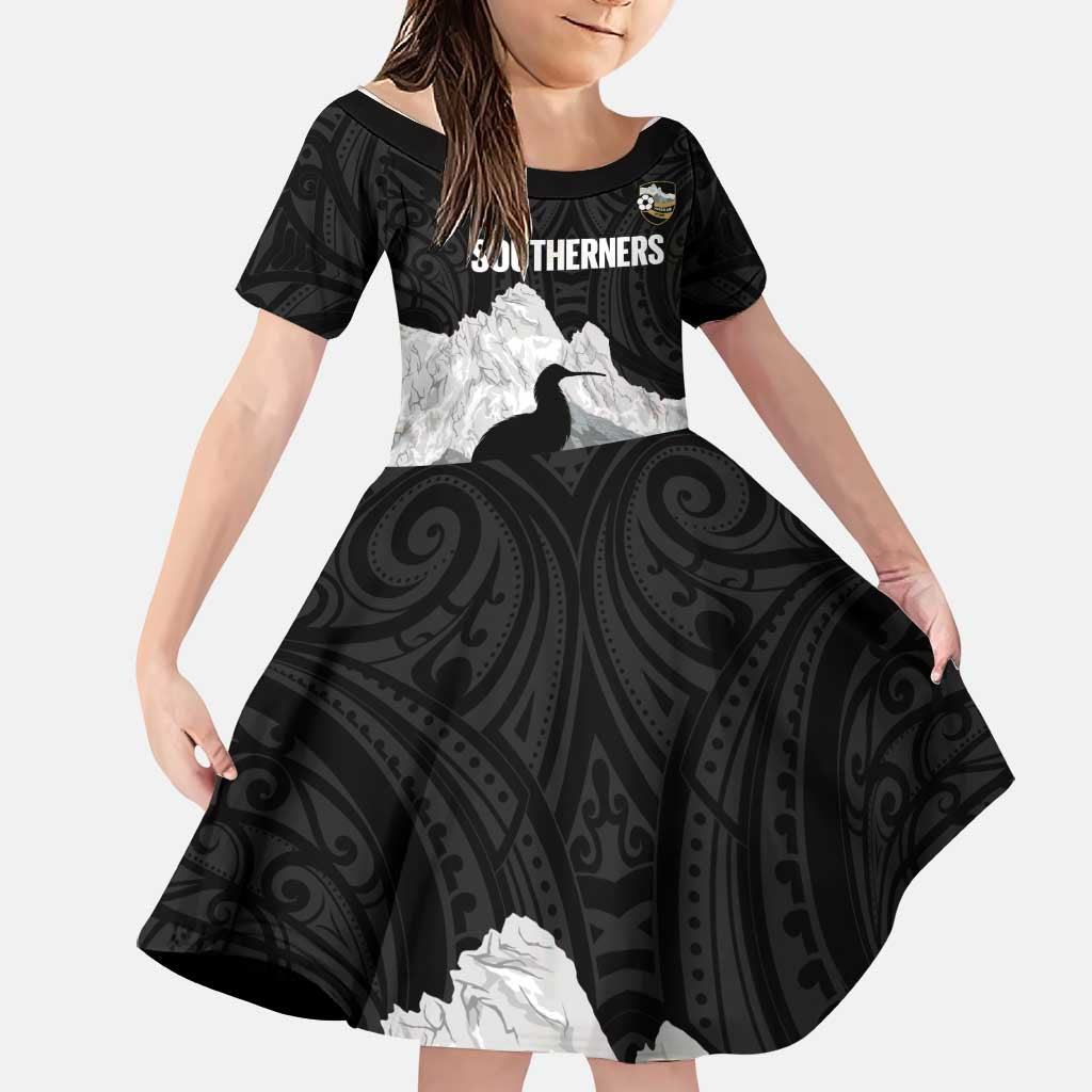 New Zealand South Island Football Custom Family Matching Long Sleeve Bodycon Dress and Hawaiian Shirt Aoraki Mount Cook With Kiwi Maori Pattern LT14 Daughter's Dress Black - Polynesian Pride